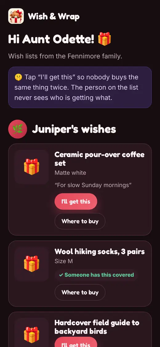 A shared wish list in a phone browser. A relative sees Juniper's wishes, with I'll get this buttons and one gift marked as covered by someone else.