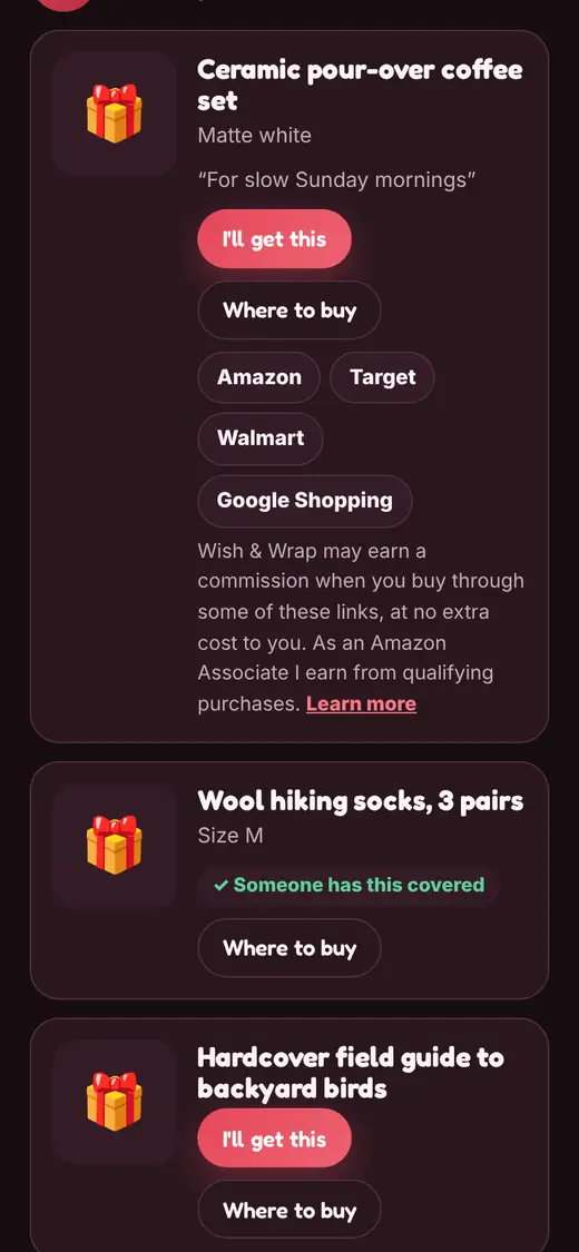 The Where to buy panel on a shared list, showing store buttons and the commission note with a link to the affiliate disclosure.